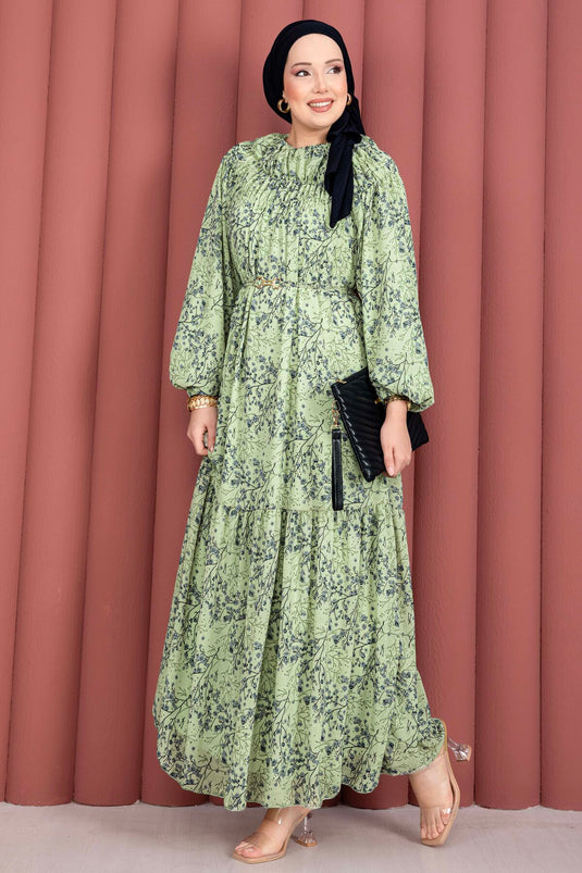 Vorderseite gerafftes, gemustertes Chiffon-Tesettür-Kleid in Mint