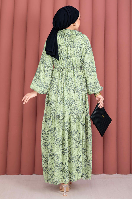 Vorderseite gerafftes, gemustertes Chiffon-Tesettür-Kleid in Mint