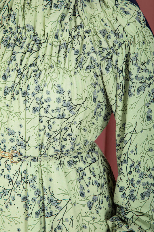 Vorderseite gerafftes, gemustertes Chiffon-Tesettür-Kleid in Mint