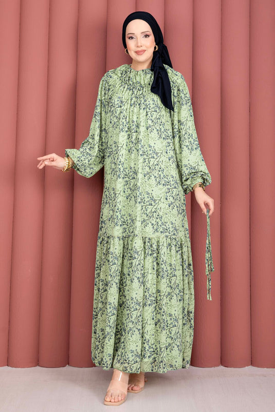 Vorderseite gerafftes, gemustertes Chiffon-Tesettür-Kleid in Mint