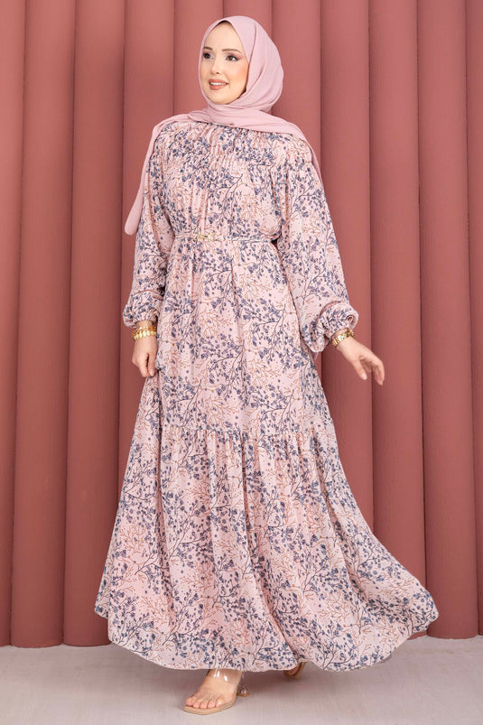 Robe Modeste en Chiffon Imprimé avec Fronces à l'Avant, Couleur Poudre