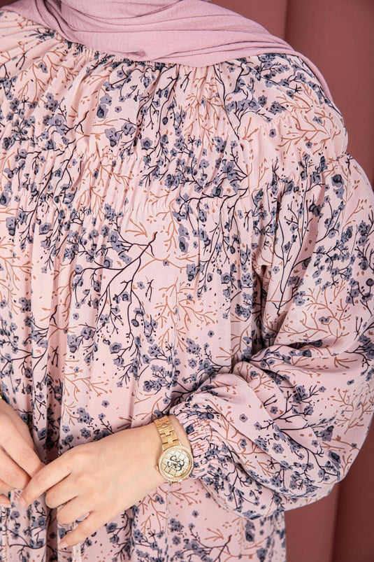 Robe Modeste en Chiffon Imprimé avec Fronces à l'Avant, Couleur Poudre