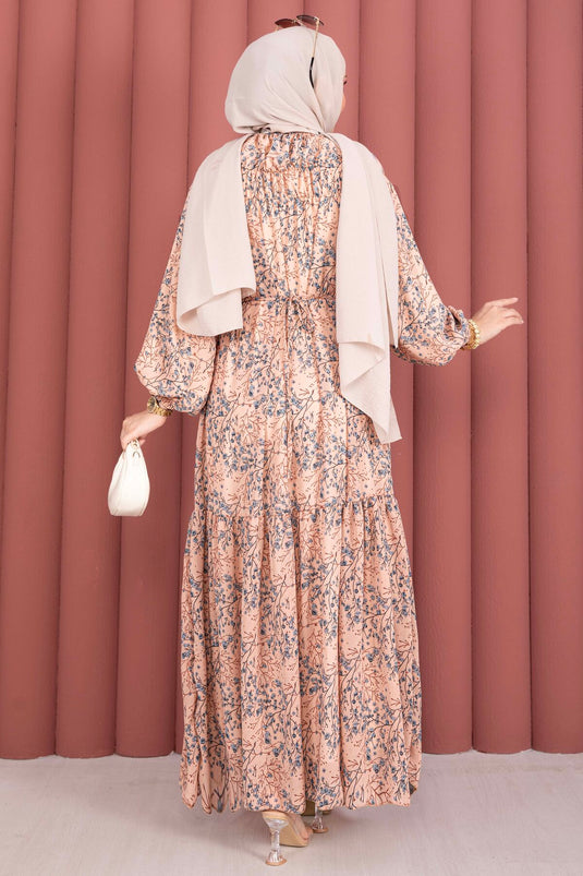 Robe Modeste en Chiffon à Motifs avec Fronces Avant Saumon