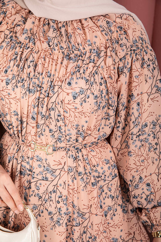 Robe Modeste en Chiffon à Motifs avec Fronces Avant Saumon