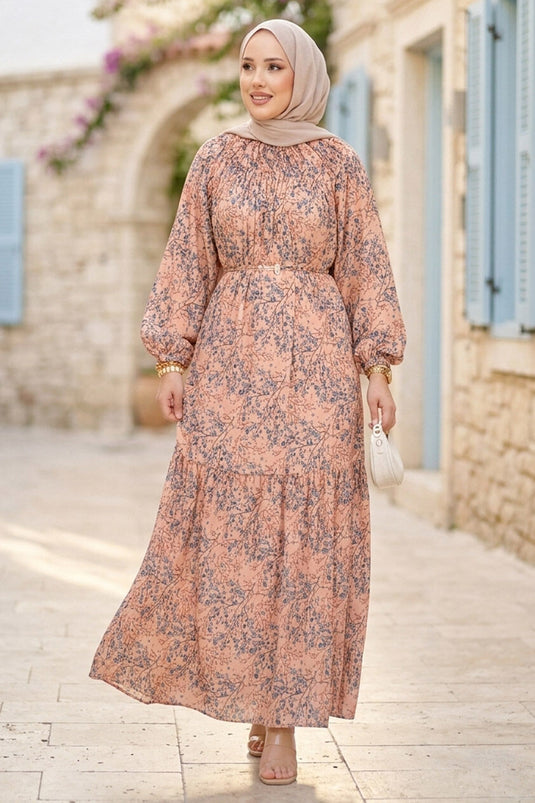 Robe Modeste en Chiffon à Motifs avec Fronces Avant Saumon