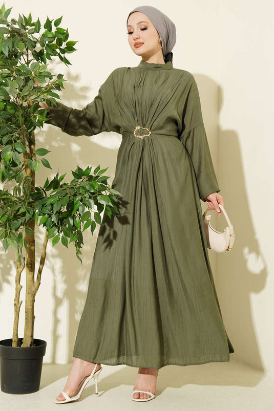Front Ruched Dress with Gold Buckle Khaki