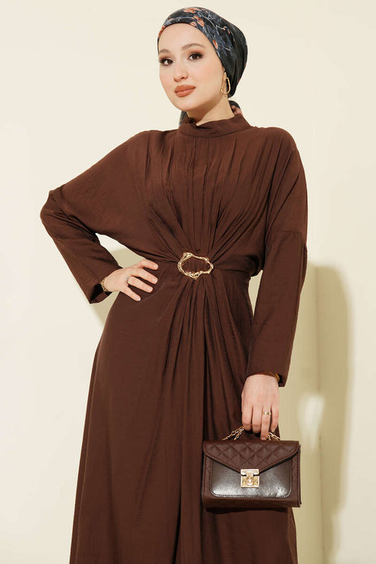 Front Ruched Dress with Gold Buckle Brown