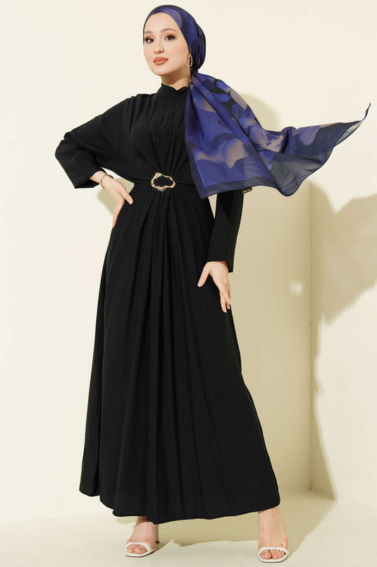 Vorderseite gerafftes Kleid mit goldener Schnalle, Marineblau