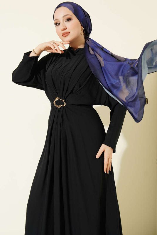 Front Ruched Dress with Gold Buckle Navy Blue