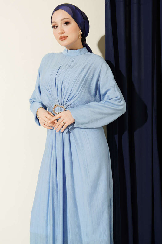 Front Ruched Dress with Gold Buckle Blue