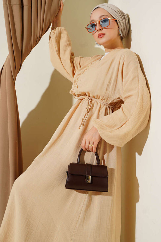 Önü Büzgülü İp Bağcıklı Elbise Bej