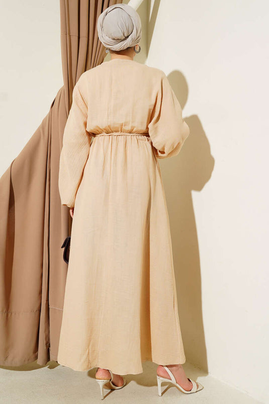 Önü Büzgülü İp Bağcıklı Elbise Bej