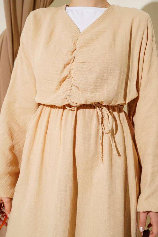 Önü Büzgülü İp Bağcıklı Elbise Bej