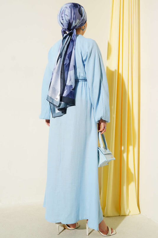 Önü Büzgülü İp Bağcıklı Elbise Mavi