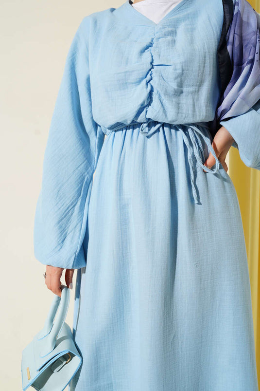 Önü Büzgülü İp Bağcıklı Elbise Mavi