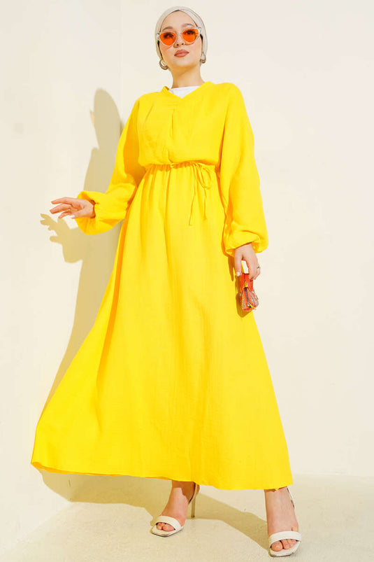 Önü Büzgülü İp Bağcıklı Elbise Sarı
