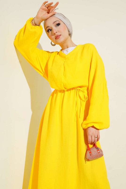Önü Büzgülü İp Bağcıklı Elbise Sarı