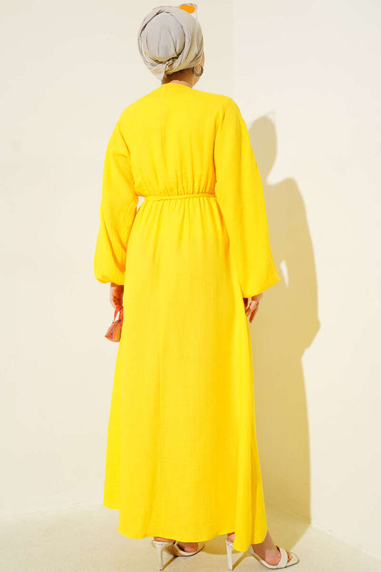 Önü Büzgülü İp Bağcıklı Elbise Sarı