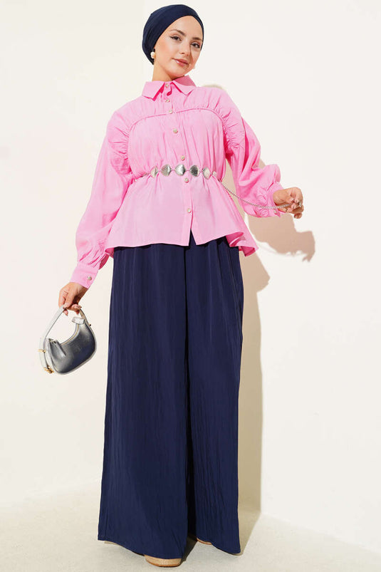 Roze shirt met trekkoord en kant aan de voorkant