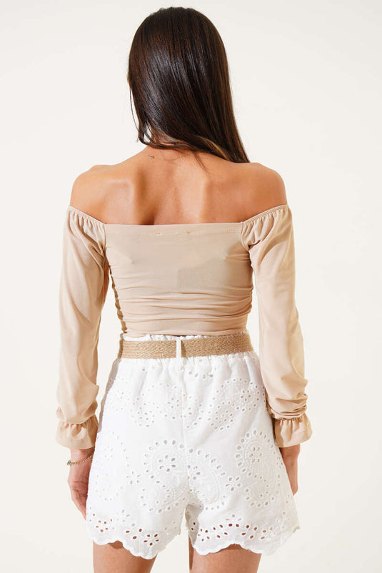 Önü Büzgülü Kayık Yaka Sandy Crop Latte