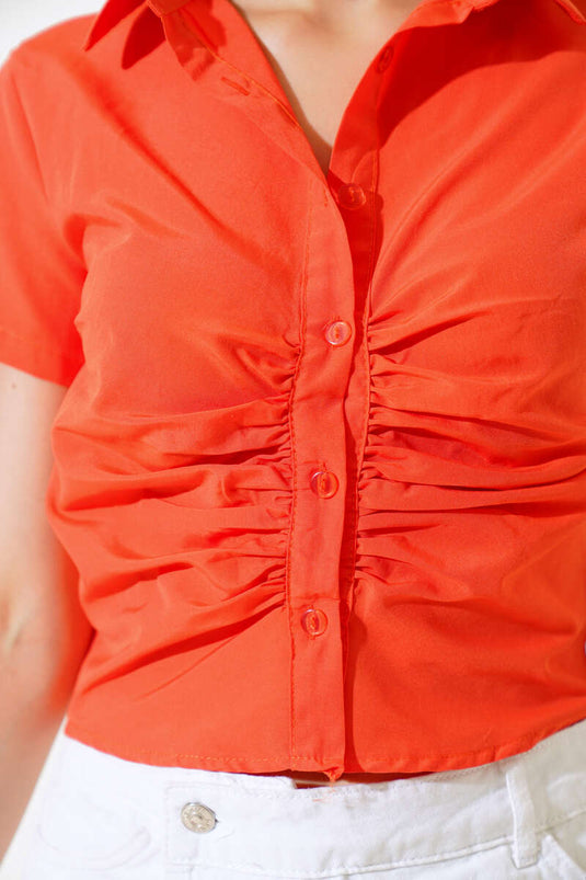 Orange Short Shirt with Front Pleats