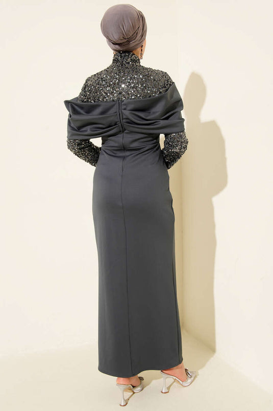 Önü Büzgülü Pul Payet Abiye Elbise Antrasit