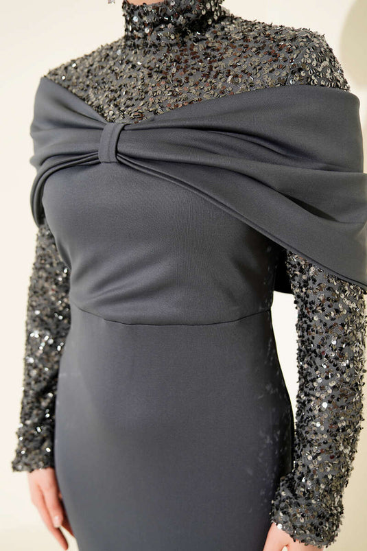 Önü Büzgülü Pul Payet Abiye Elbise Antrasit