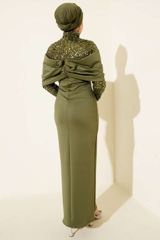 فستان سهرة كاكي مزين بالترتر مع صدرية مكشكشة