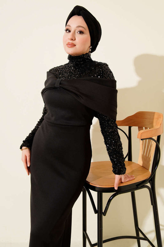 Önü Büzgülü Pul Payet Abiye Elbise Siyah