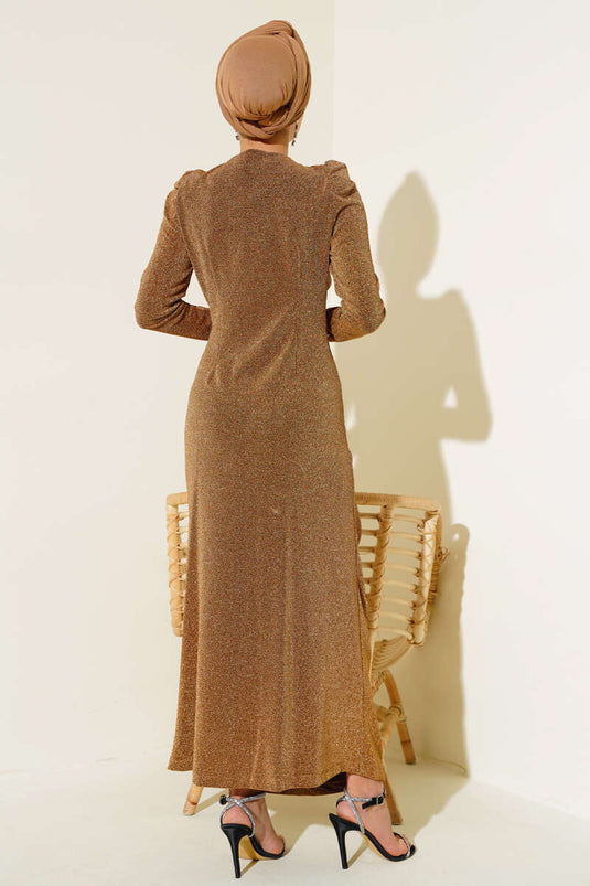 Önü Büzgülü Simli Elbise Camel