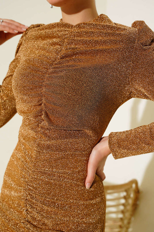 Önü Büzgülü Simli Elbise Camel