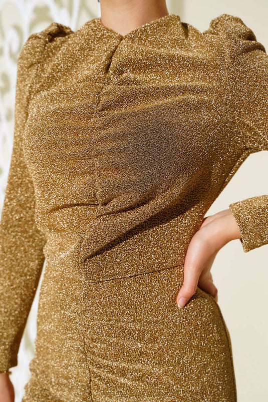 Gathered Front Shimmery Dress Gold