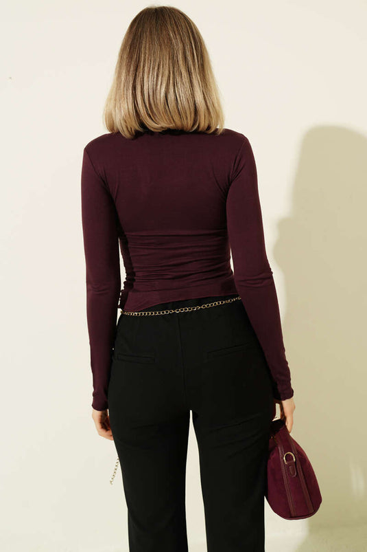 Long Sleeve Bodysuit with Front Ruching, Mulberry
