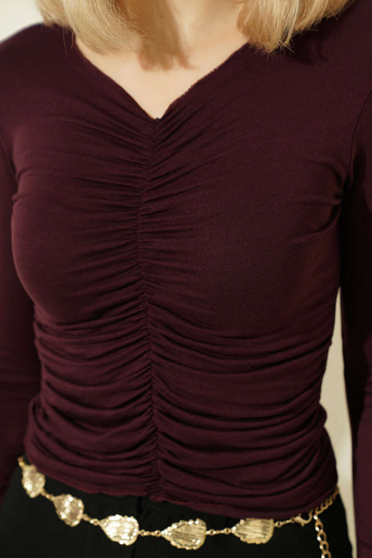 Long Sleeve Bodysuit with Front Ruching, Mulberry