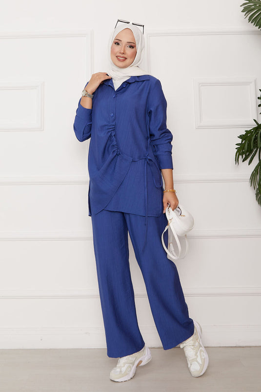 Front Pleated Side Tie Double Suit Indigo