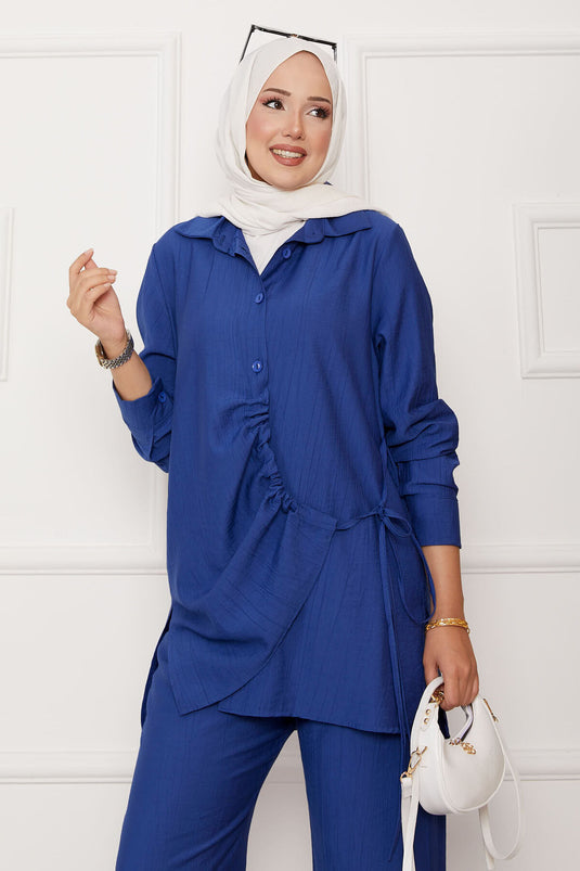 Front Pleated Side Tie Double Suit Indigo