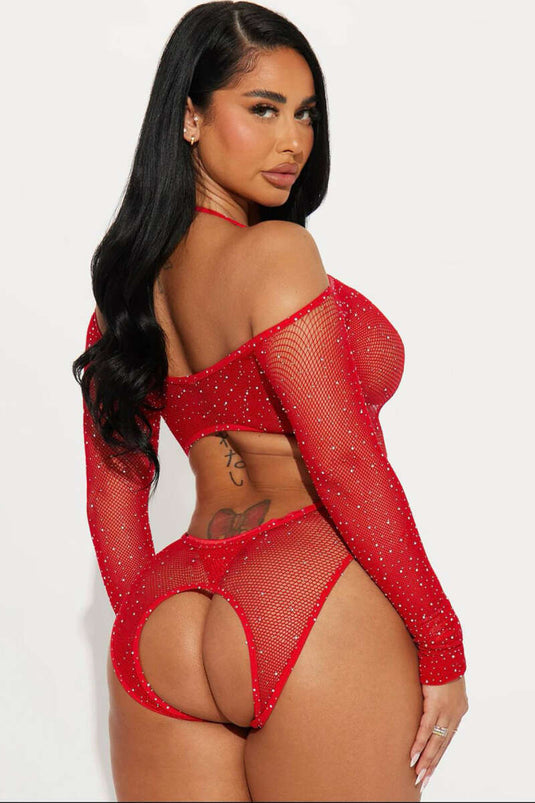 Önü Çapraz Detaylı Taşlı Vücut Çorabı Kırmızı