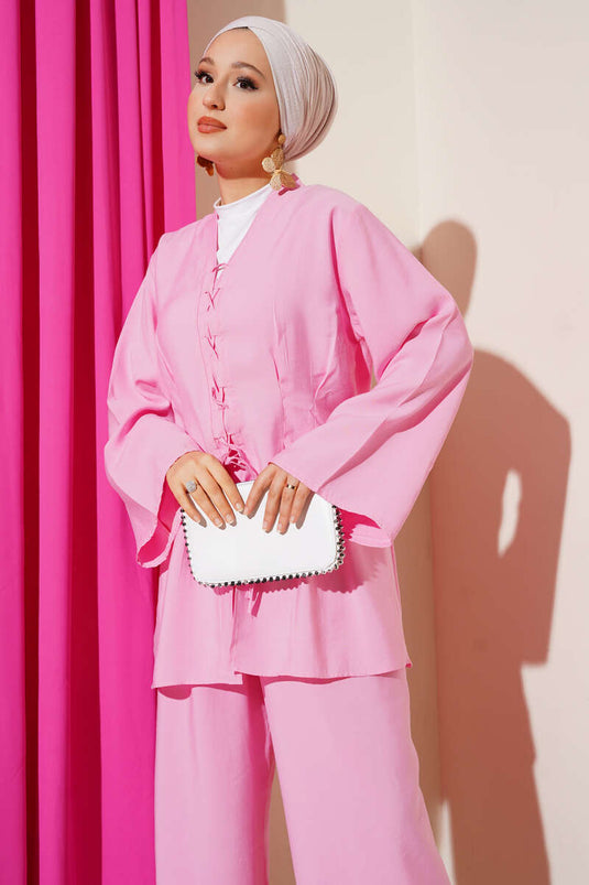 Önü Çapraz İp Bağlamalı İkili Takım Pembe