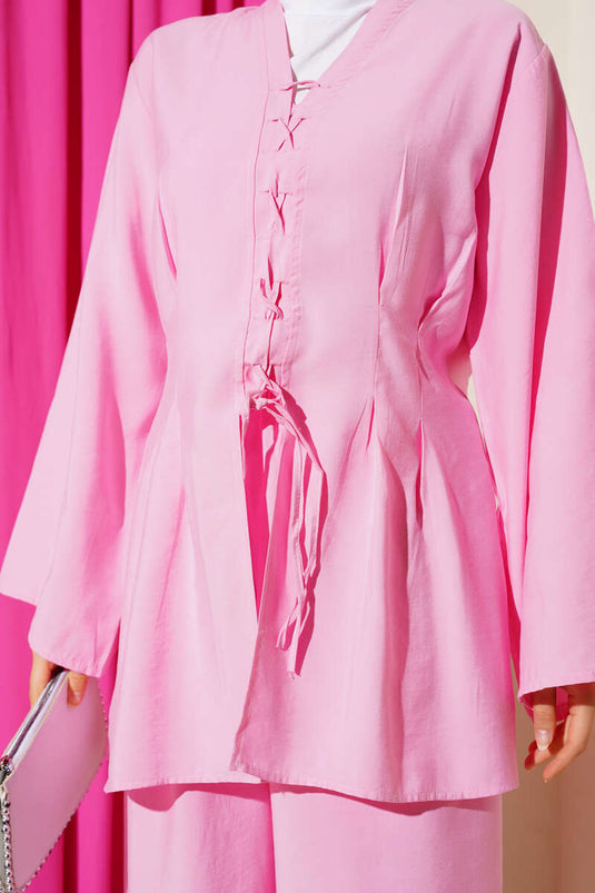 Önü Çapraz İp Bağlamalı İkili Takım Pembe