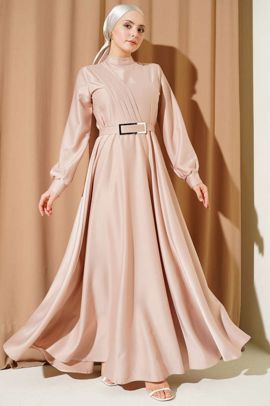 Robe en satin plissée croisée beige