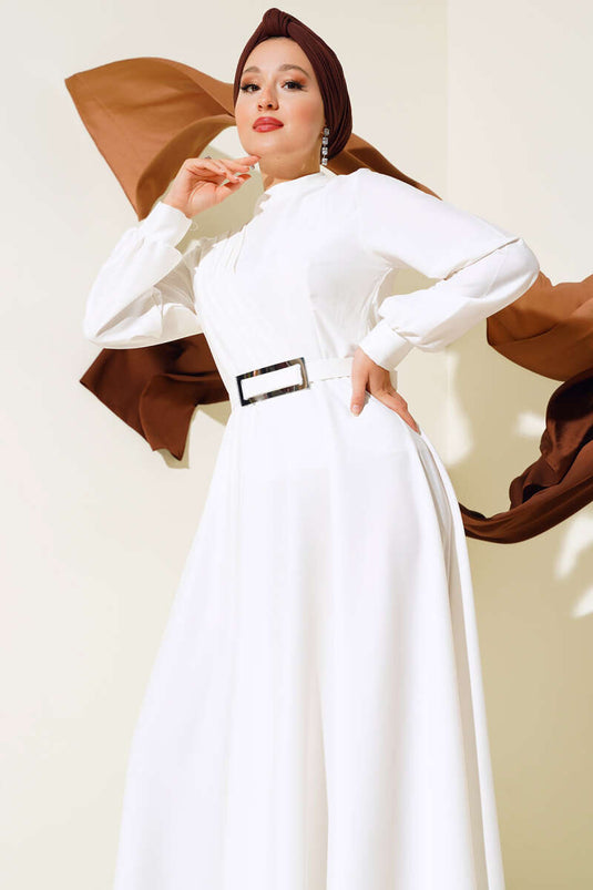 Önü Çapraz Piliseli Saten Elbise Beyaz