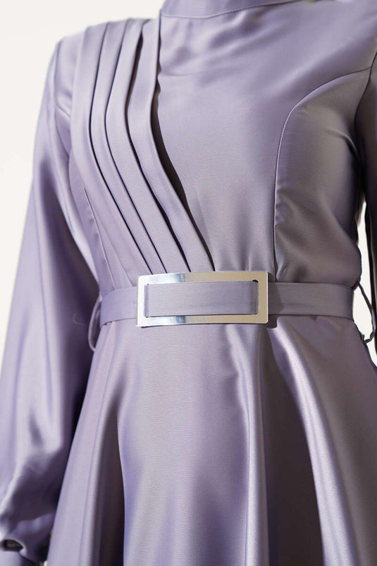 Önü Çapraz Piliseli Saten Elbise Gri