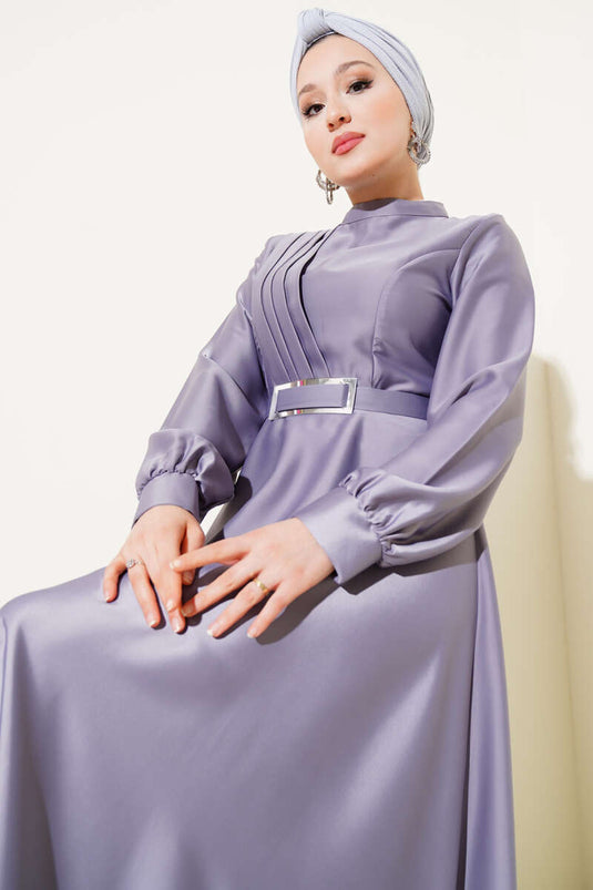 Önü Çapraz Piliseli Saten Elbise Gri