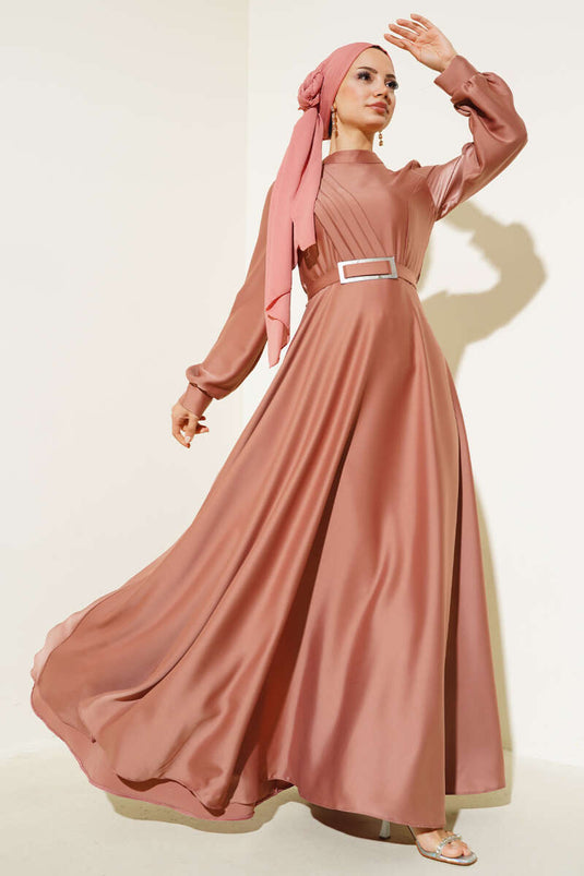 Önü Çapraz Piliseli Saten Elbise Gül Kurusu