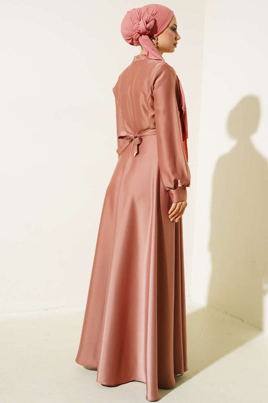 Önü Çapraz Piliseli Saten Elbise Gül Kurusu