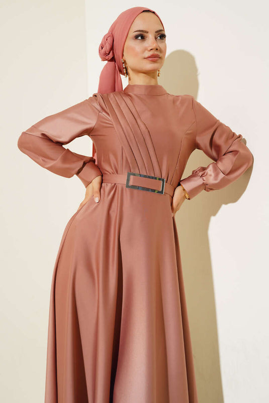 Önü Çapraz Piliseli Saten Elbise Gül Kurusu