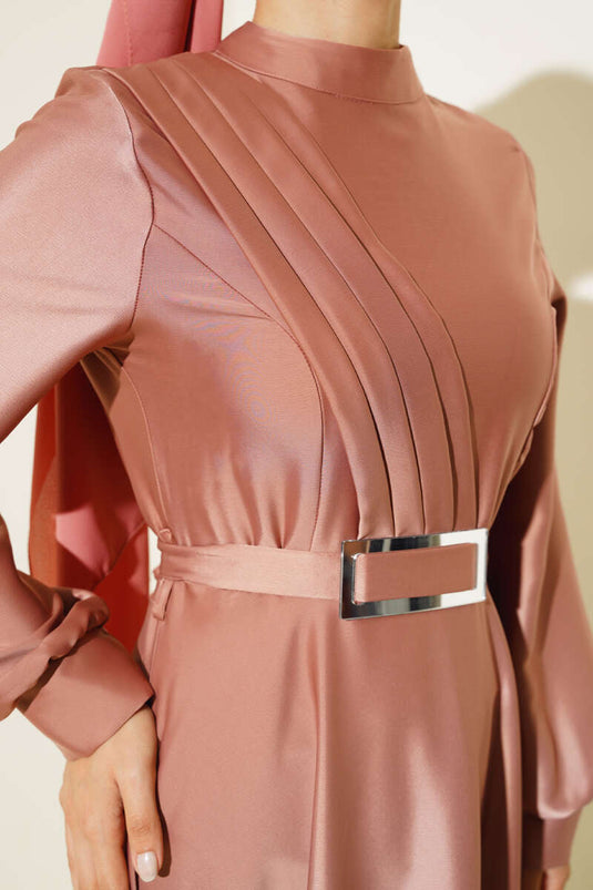 Önü Çapraz Piliseli Saten Elbise Gül Kurusu