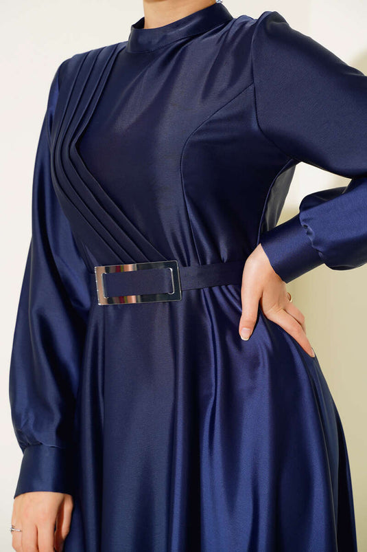 Önü Çapraz Piliseli Saten Elbise Lacivert