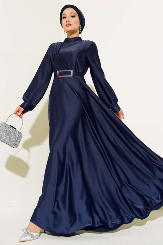 Önü Çapraz Piliseli Saten Elbise Lacivert