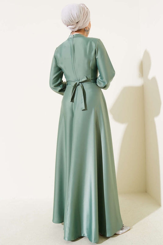 Önü Çapraz Piliseli Saten Elbise Mint
